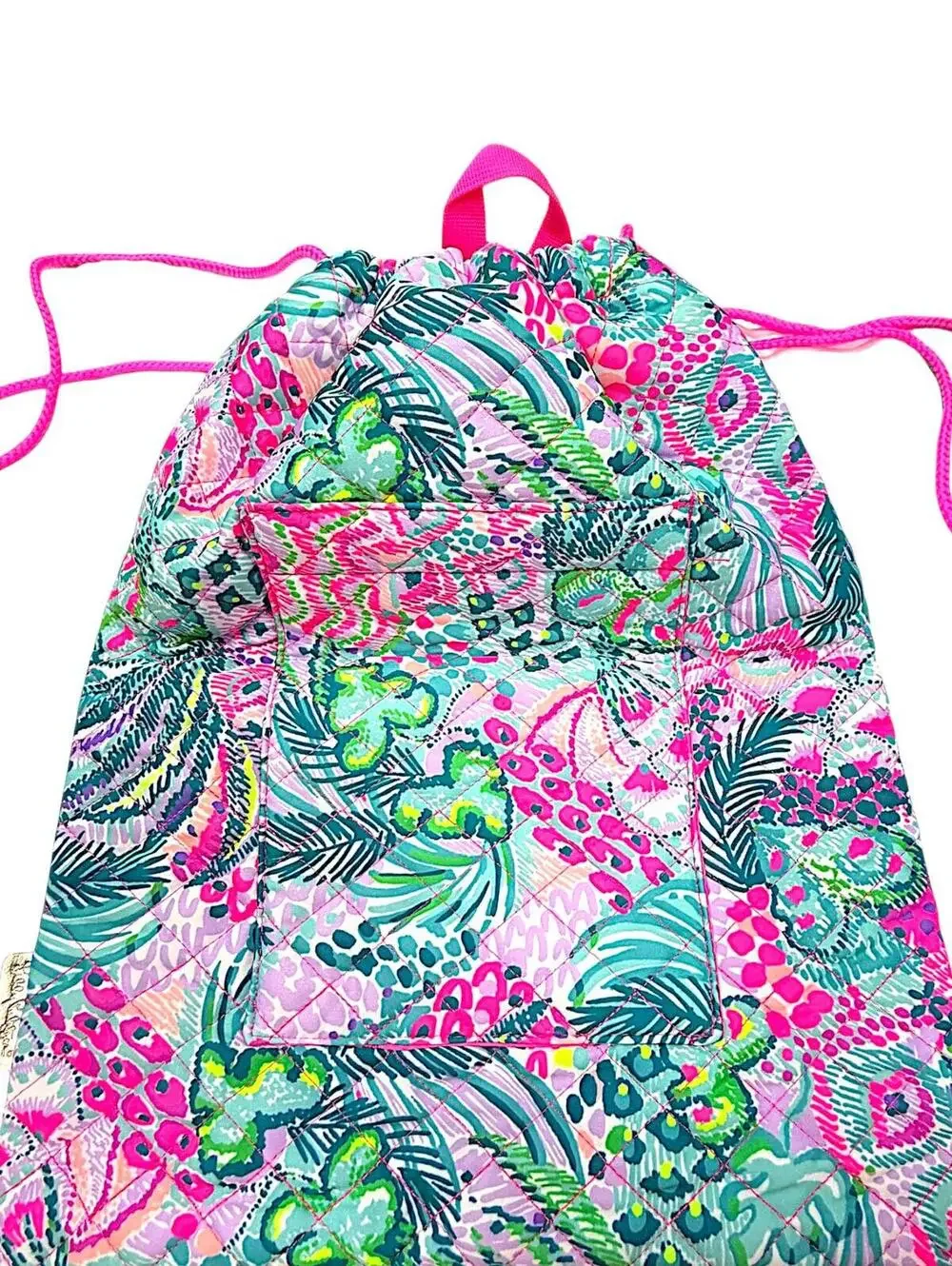 Lilly Pulitzer Quilted Floral Drawstring Backpack in Pink, Teal, and Green